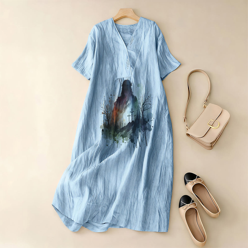 Christianartworkshop Religious Art Watercolor Jesus Silhouette V-Neck Short Sleeve Midi Dress - image 1