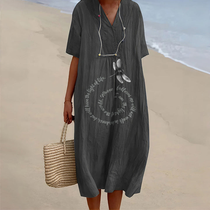 Christianartworkshop Relaxed Fit Dragonfly & Inspirational Verse V-Neck Short Sleeve Midi Dress - Black - 4XL - image 2