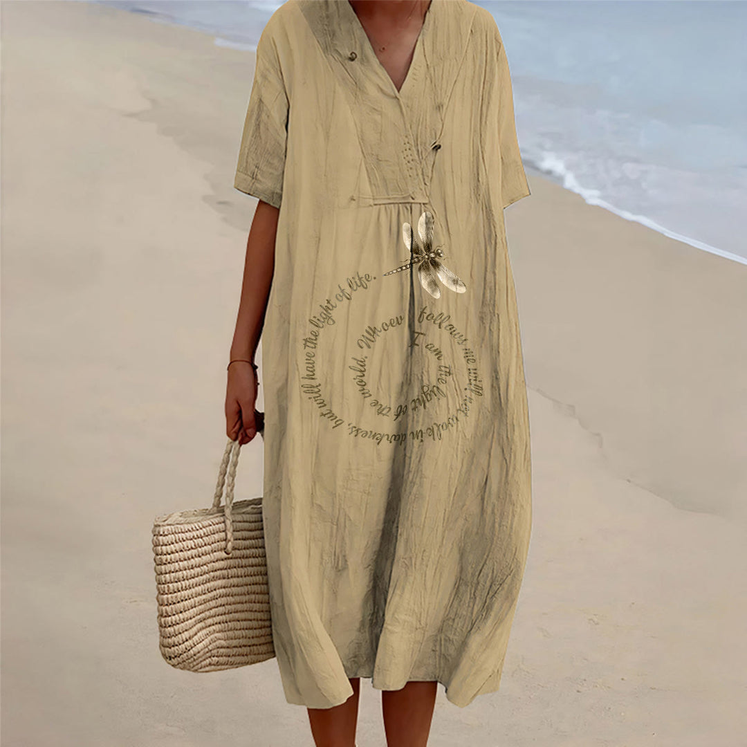 Christianartworkshop Relaxed Fit Dragonfly & Inspirational Verse V-Neck Short Sleeve Midi Dress - Khaki - 4XL - image 6