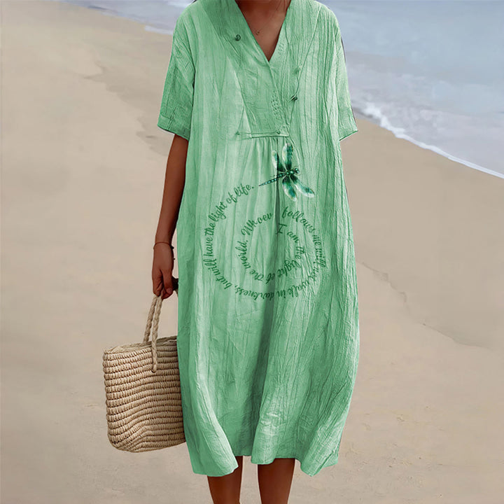 Christianartworkshop Relaxed Fit Dragonfly & Inspirational Verse V-Neck Short Sleeve Midi Dress - Green - 4XL - image 4