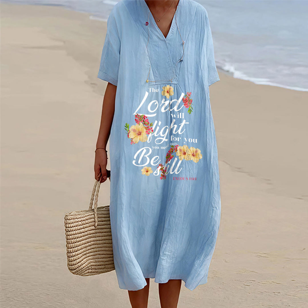 Christianartworkshop Hibiscus Floral Accent "The Lord Will Fight For You" V-Neck Short Sleeve Midi Dress - Blue - 4XL - image 2