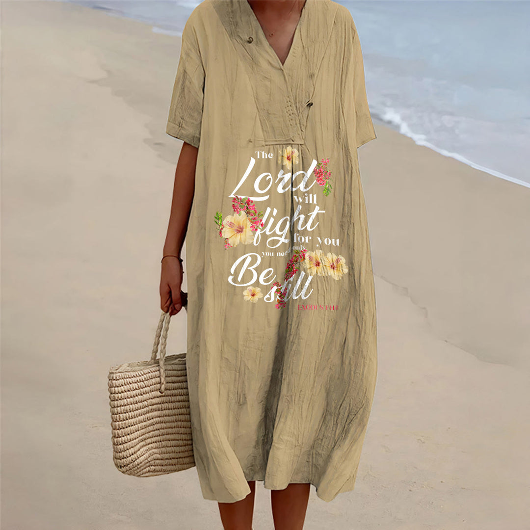 Christianartworkshop Hibiscus Floral Accent "The Lord Will Fight For You" V-Neck Short Sleeve Midi Dress - Khaki - 4XL - image 8