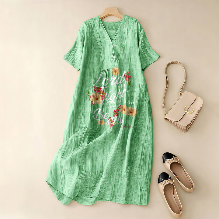 Christianartworkshop Hibiscus Floral Accent "The Lord Will Fight For You" V-Neck Short Sleeve Midi Dress - image 7