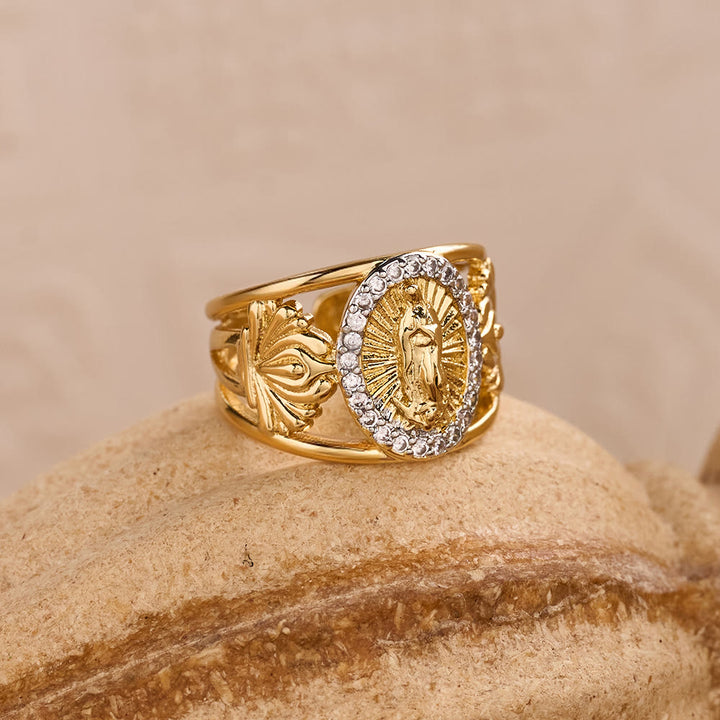 Christianartworkshop Intricate Guadalupe Virgin Ring with Zircon Halo: A Reminder of Heavenly Grace - image 6