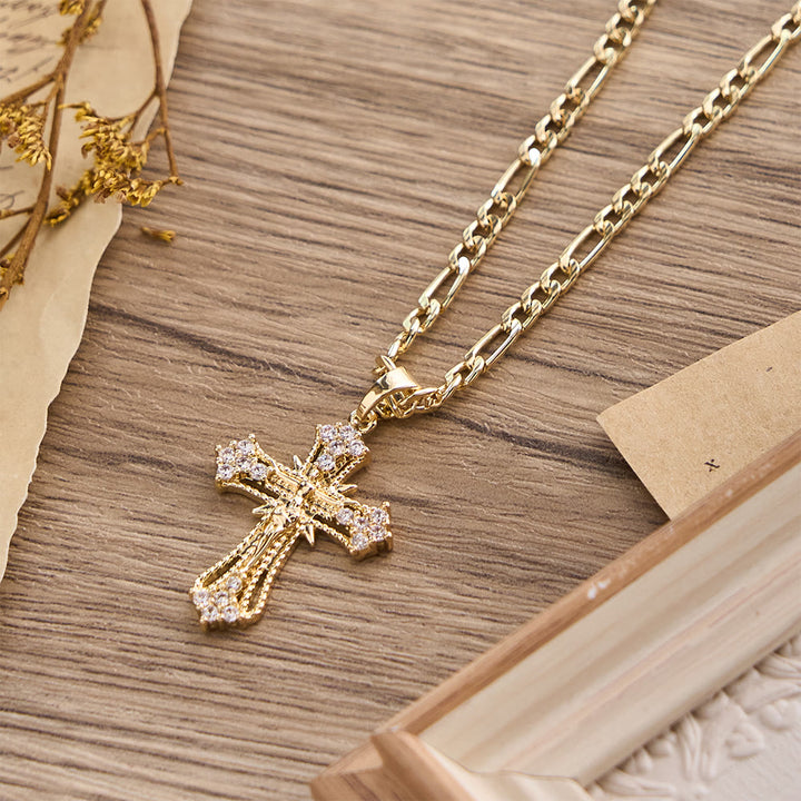 Christianartworkshop Ornate Zircon Crucifix Pendant Necklace with Figaro Chain: A Symbol of Sacred Devotion - image 2
