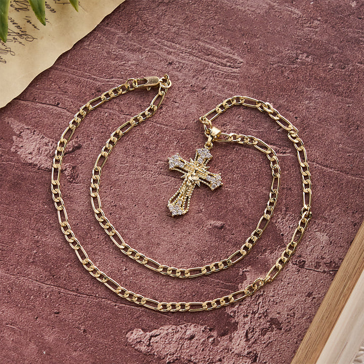 Christianartworkshop Ornate Zircon Crucifix Pendant Necklace with Figaro Chain: A Symbol of Sacred Devotion - image 1