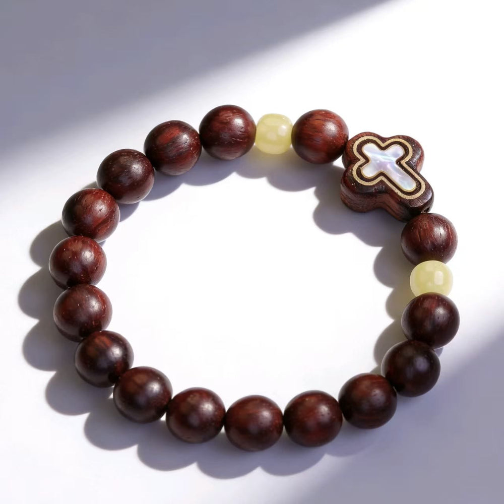 Christianartworkshop Sandalwood & Mother-of-Pearl Cross Beaded Bracelet: A Symbol of Divine Serenity - image 1