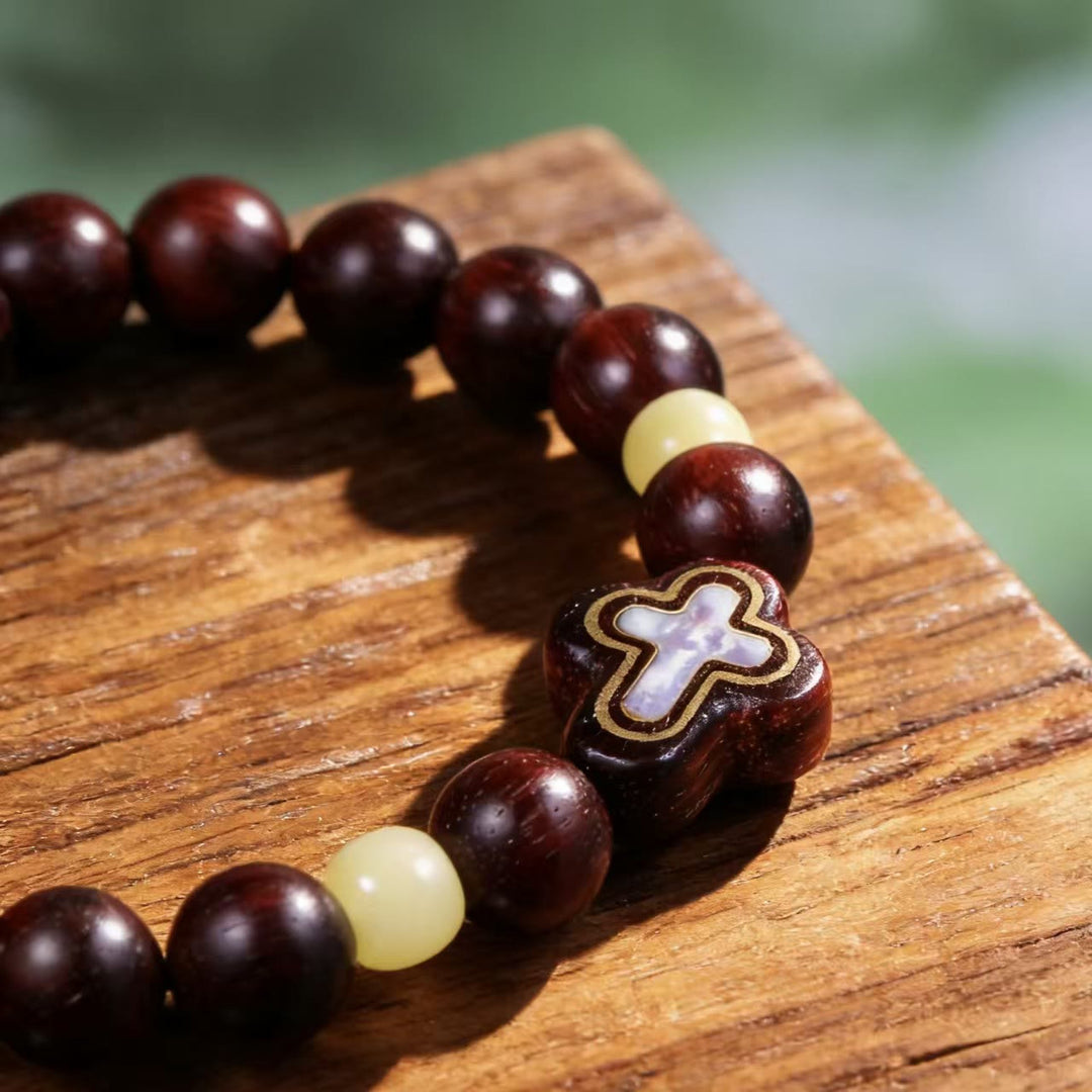 Christianartworkshop Sandalwood & Mother-of-Pearl Cross Beaded Bracelet: A Symbol of Divine Serenity - image 3