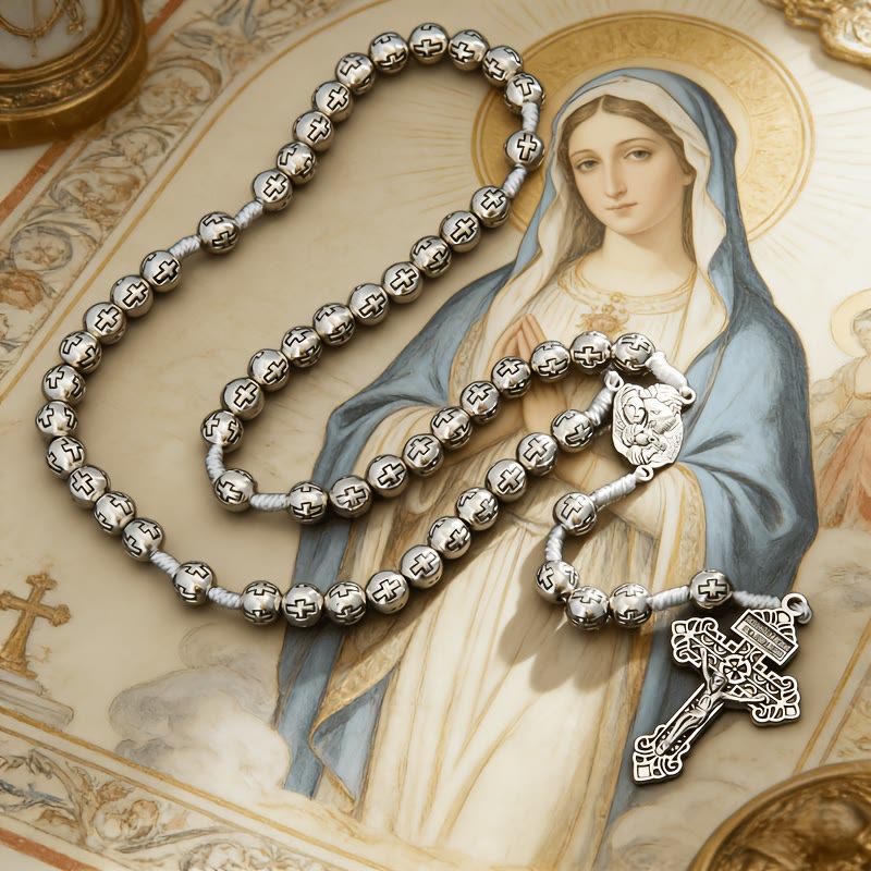 Christianartworkshop Holy Family Center Rosary with Crucifix & Cross-Engraved Beads: A Symbol of Sacred Devotion - Holy Family & Crucifix - image 0