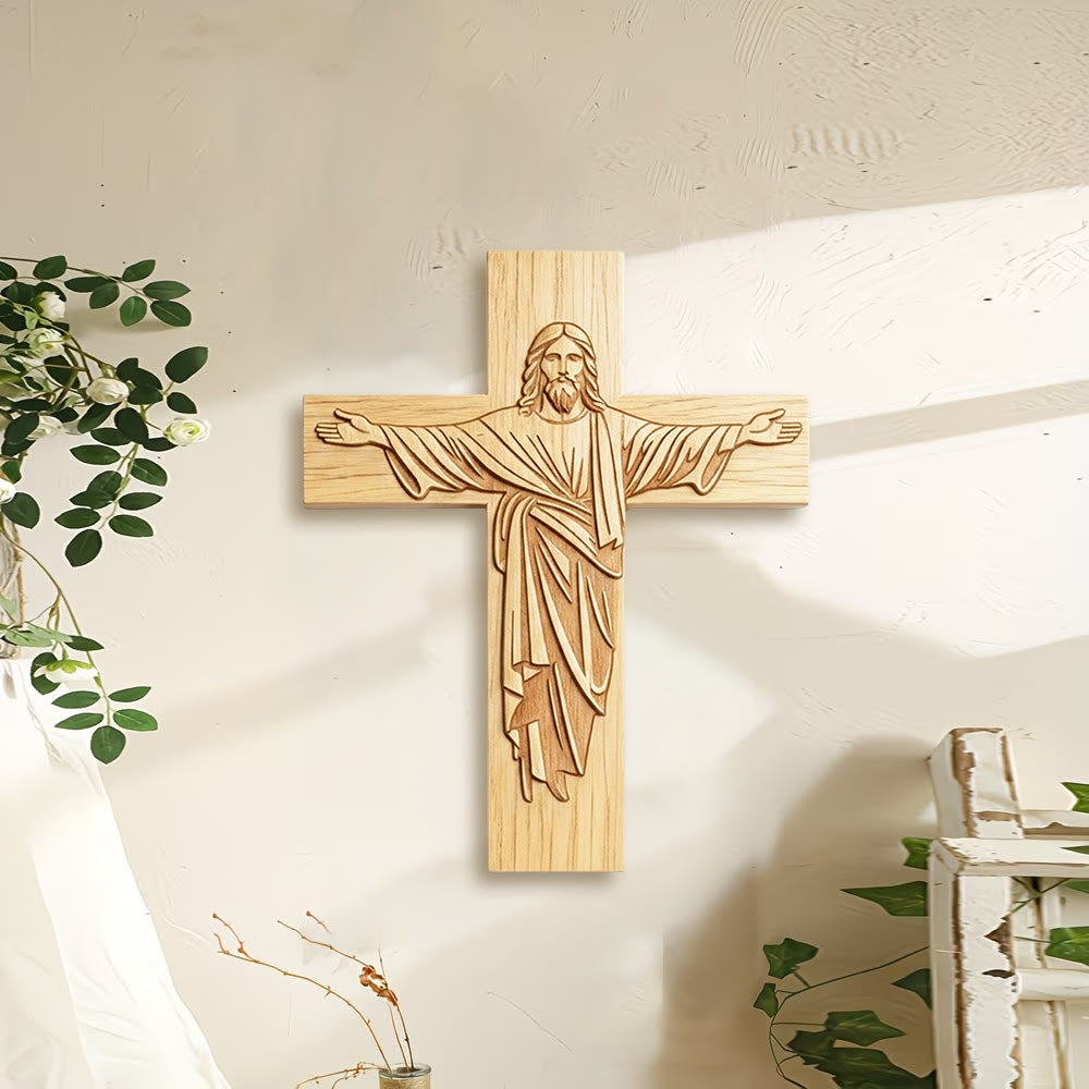 Christianartworkshop Classic Minimalist Jesus Cross Wood Plaque with Open-Arms Design: A Timeless Emblem of Devotion - image 1