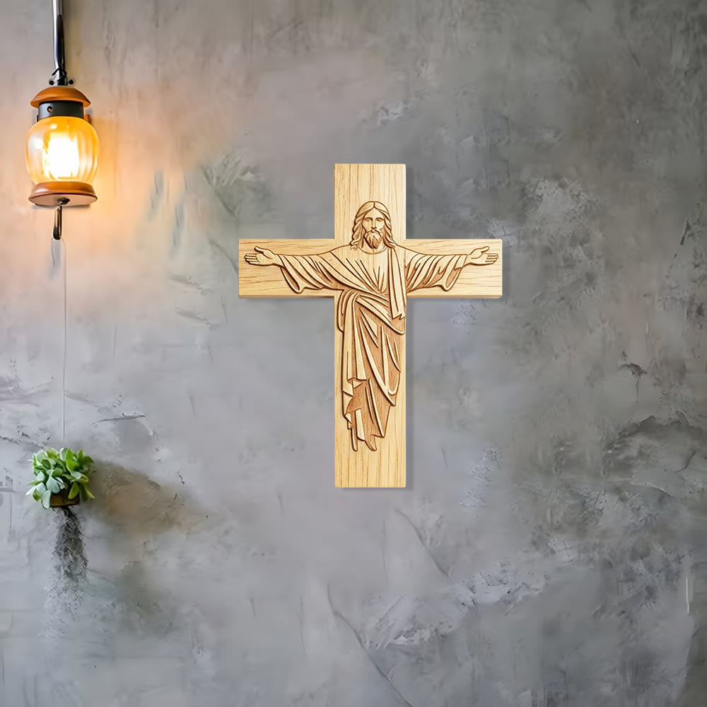 Christianartworkshop Classic Minimalist Jesus Cross Wood Plaque with Open-Arms Design: A Timeless Emblem of Devotion - image 2