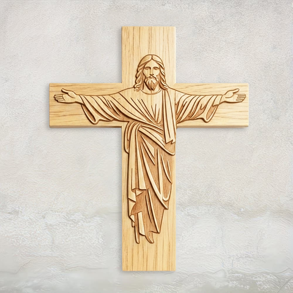 Christianartworkshop Classic Minimalist Jesus Cross Wood Plaque with Open-Arms Design: A Timeless Emblem of Devotion - 15.75''*19.69''*0.2''/40*50*0.5cm - image 0