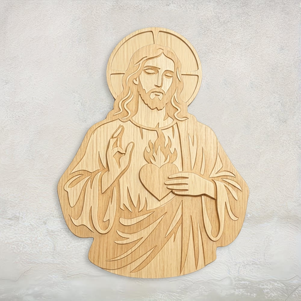 Christianartworkshop Sacred Heart of Jesus Carved Wooden Wall Decor: A Symbol of Divine Love - 14.88*19.69''*0.2''/37.8*50*0.5cm - image 0
