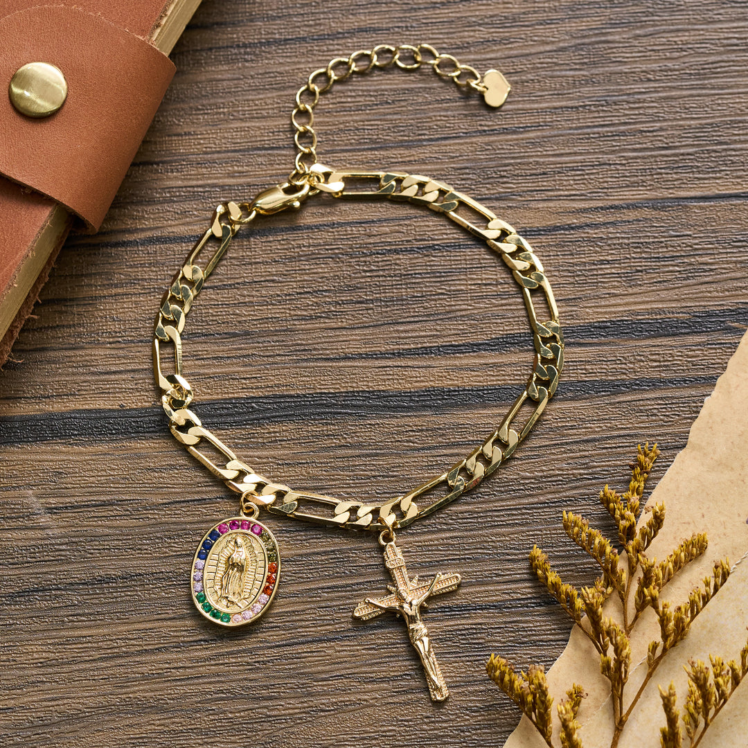 Christianartworkshop Figaro Chain Guadalupe Medal Bracelet with Rhinestone Border & Crucifix Charm - Our Lady & Crucifix C - image 7