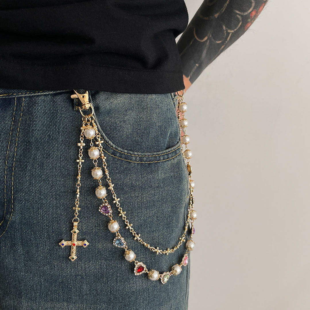 Christianartworkshop Multi-Layer Colored Zircon Accent Cross Pant Chain: A Symbol of Sacred Faith & Street Style - Golden A Style - image 0