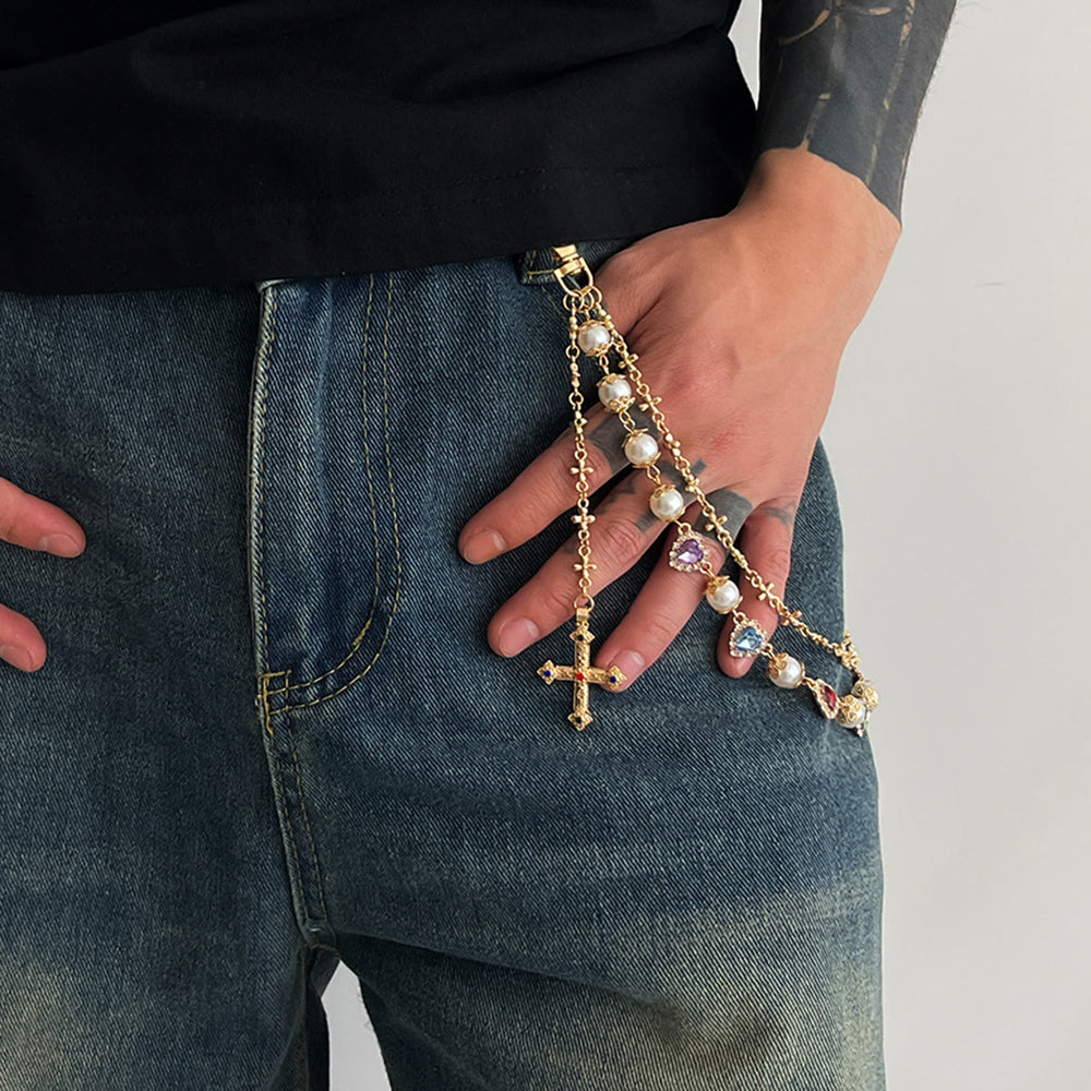 Christianartworkshop Multi-Layer Colored Zircon Accent Cross Pant Chain: A Symbol of Sacred Faith & Street Style - image 1