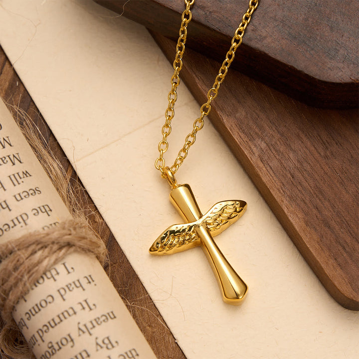 Christianartworkshop Textured Angel Wing Cross Pendant Necklace in Three Finishes: A Symbol of Divine Guardian Love - Golden - image 2