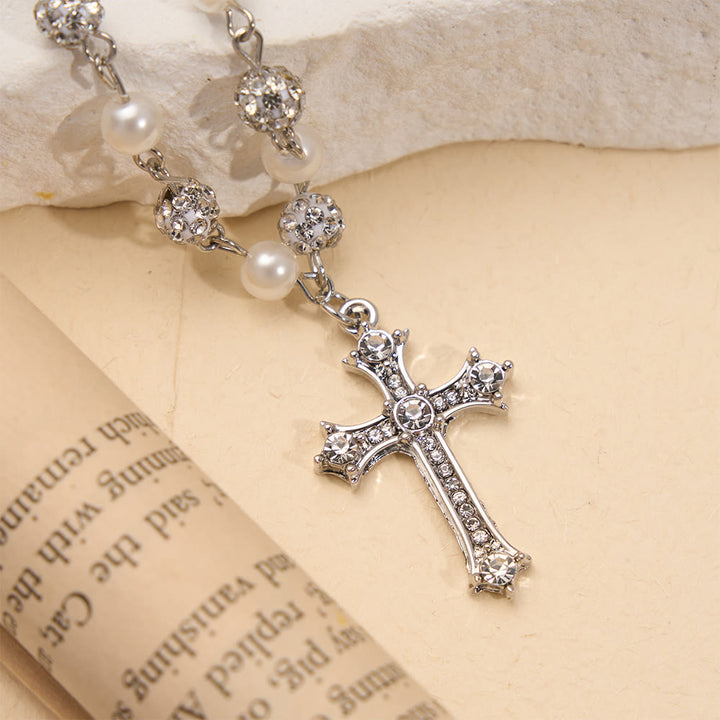 Christianartworkshop Alternating Pearl & Pave Crystal Bead Rosary-Style Cross Necklace: A Symbol of Sacred Devotion - image 5