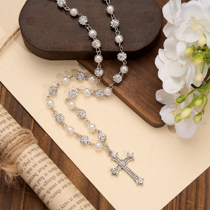 Christianartworkshop Alternating Pearl & Pave Crystal Bead Rosary-Style Cross Necklace: A Symbol of Sacred Devotion - image 1