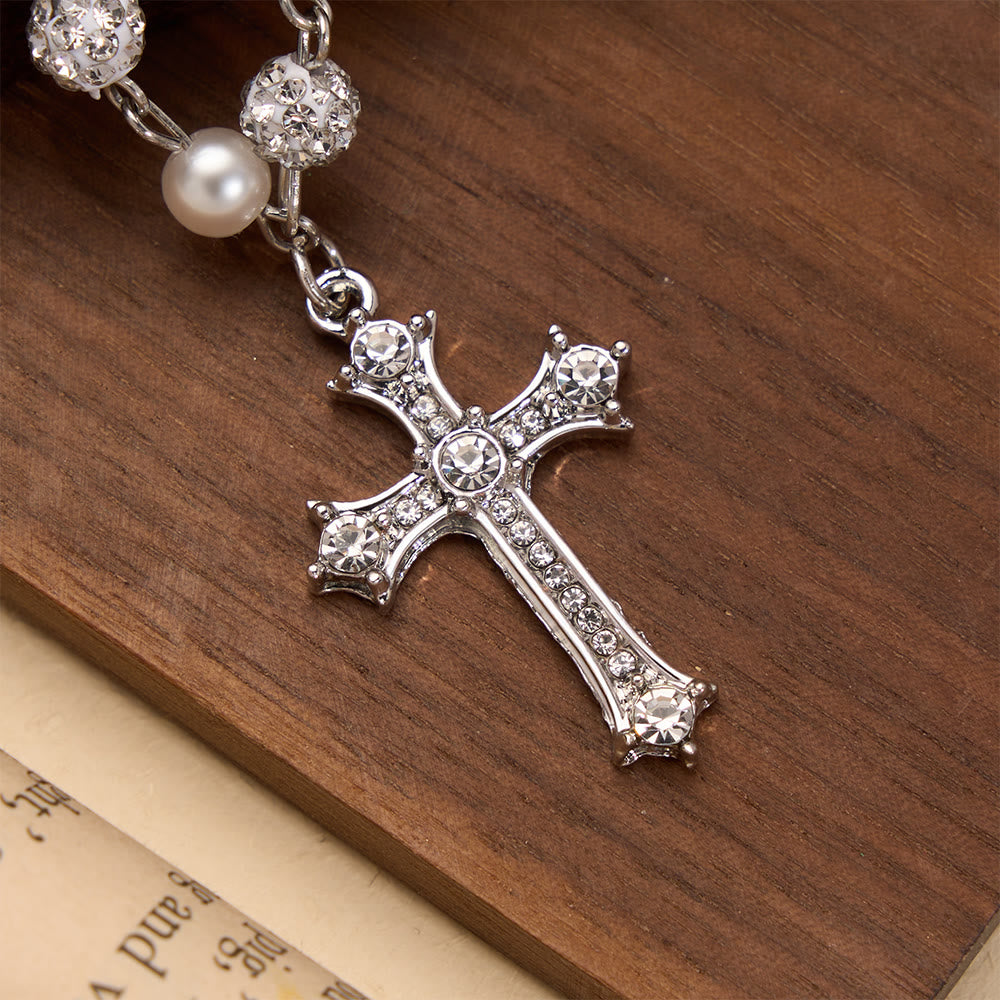 Christianartworkshop Alternating Pearl & Pave Crystal Bead Rosary-Style Cross Necklace: A Symbol of Sacred Devotion - image 3