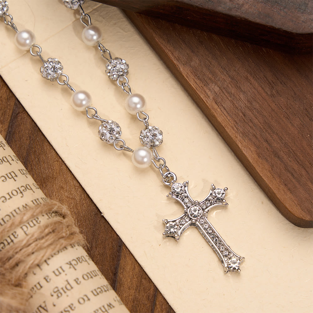Christianartworkshop Alternating Pearl & Pave Crystal Bead Rosary-Style Cross Necklace: A Symbol of Sacred Devotion - image 4