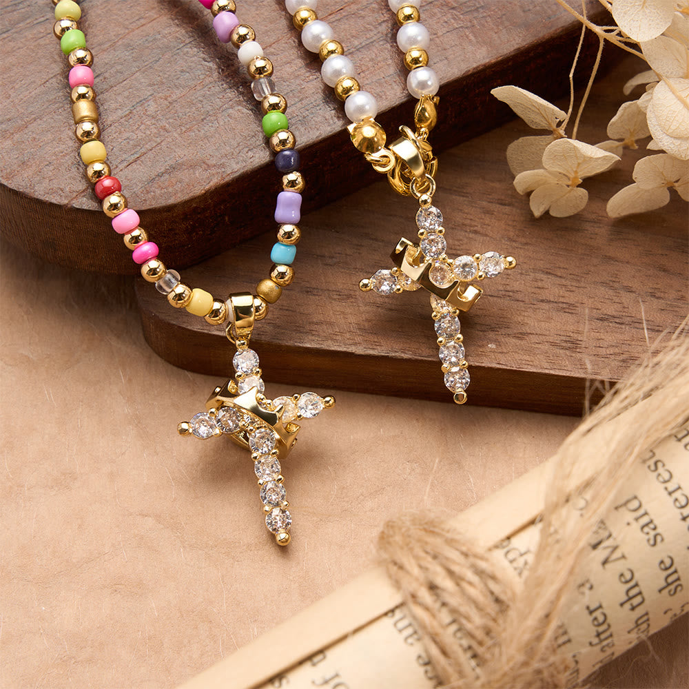 Christianartworkshop Two-Style Beaded Cross Necklace with Full-Pavé Zircon Crown Cross Pendant: A Symbol of Royal Divine Grace - image 3