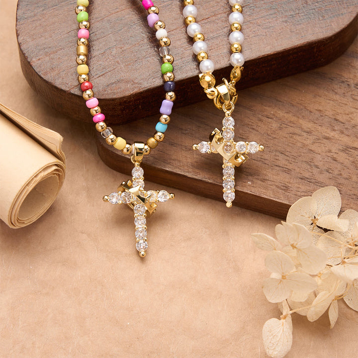 Christianartworkshop Two-Style Beaded Cross Necklace with Full-Pavé Zircon Crown Cross Pendant: A Symbol of Royal Divine Grace - image 2