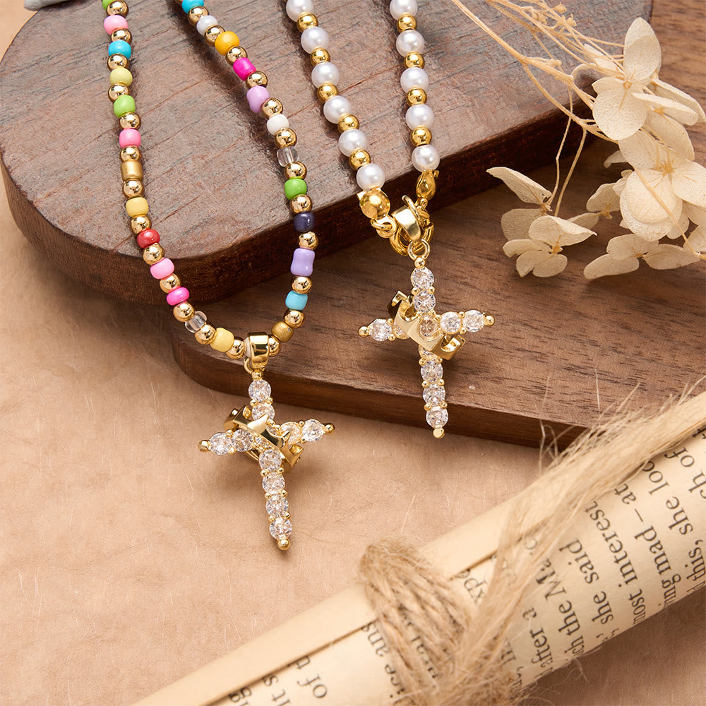 Christianartworkshop Two-Style Beaded Cross Necklace with Full-Pavé Zircon Crown Cross Pendant: A Symbol of Royal Divine Grace - image 1