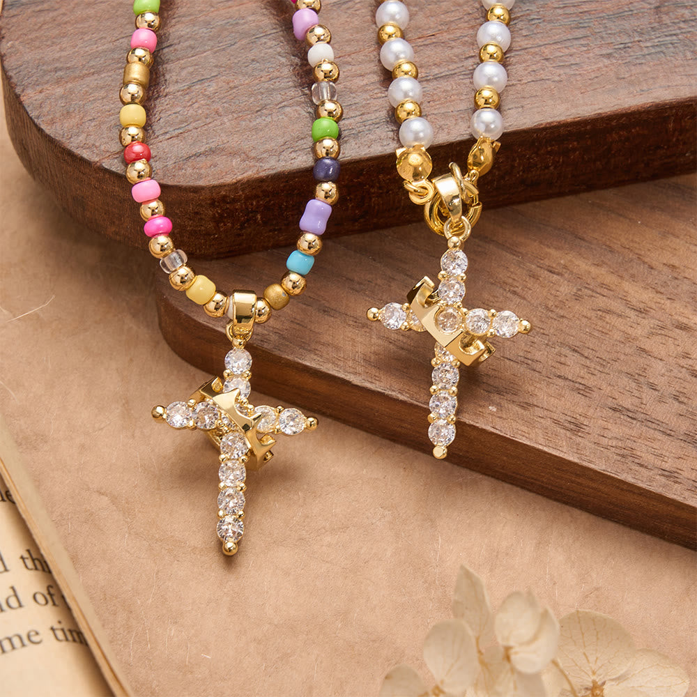 Christianartworkshop Two-Style Beaded Cross Necklace with Full-Pavé Zircon Crown Cross Pendant: A Symbol of Royal Divine Grace - image 0