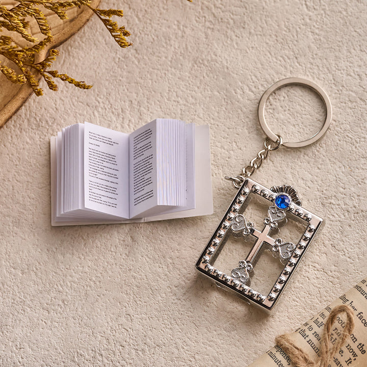 Christianartworkshop Hollow Heart-Cross Framed Mini Bible Keychain with Top Inlaid Zircon: A Symbol of Sacred Heavenly Promise - image 7