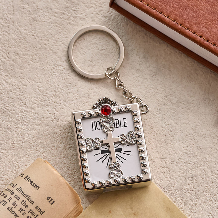 Christianartworkshop Hollow Heart-Cross Framed Mini Bible Keychain with Top Inlaid Zircon: A Symbol of Sacred Heavenly Promise - Silver & Red - image 5