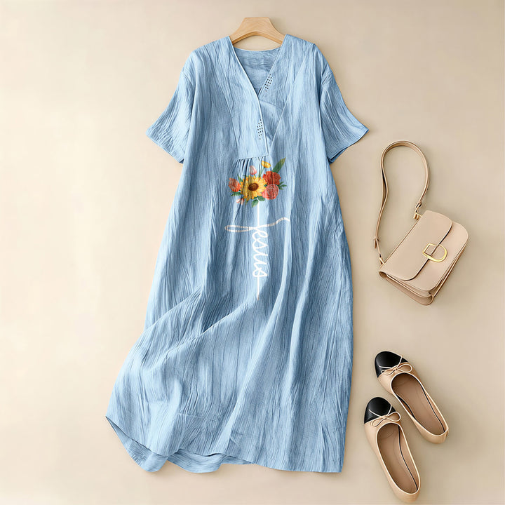 Christianartworkshop Jesus Script Cross & Sunflower Floral V-Neck Short Sleeve Midi Dress - image 5