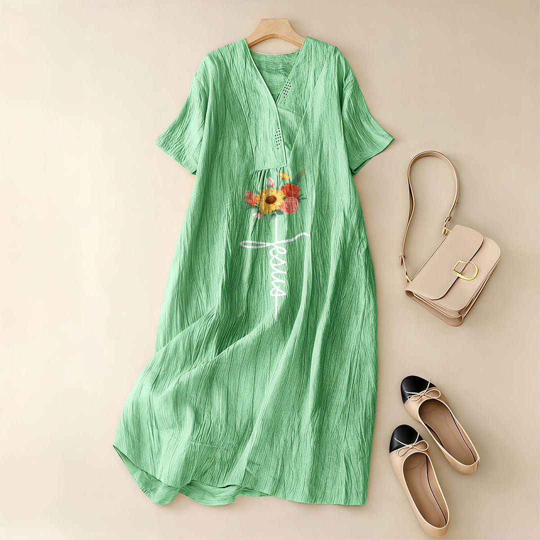 Christianartworkshop Jesus Script Cross & Sunflower Floral V-Neck Short Sleeve Midi Dress - image 8