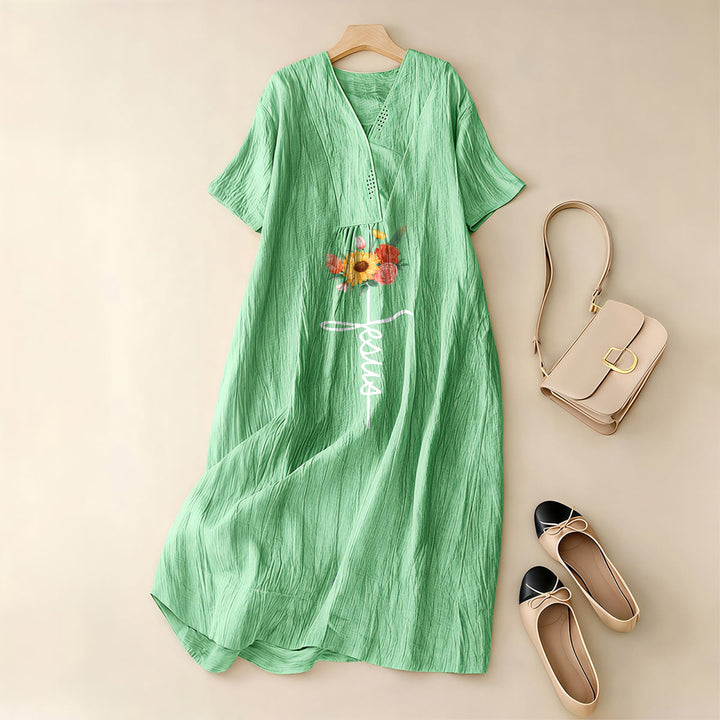 Christianartworkshop Jesus Script Cross & Sunflower Floral V-Neck Short Sleeve Midi Dress - image 8