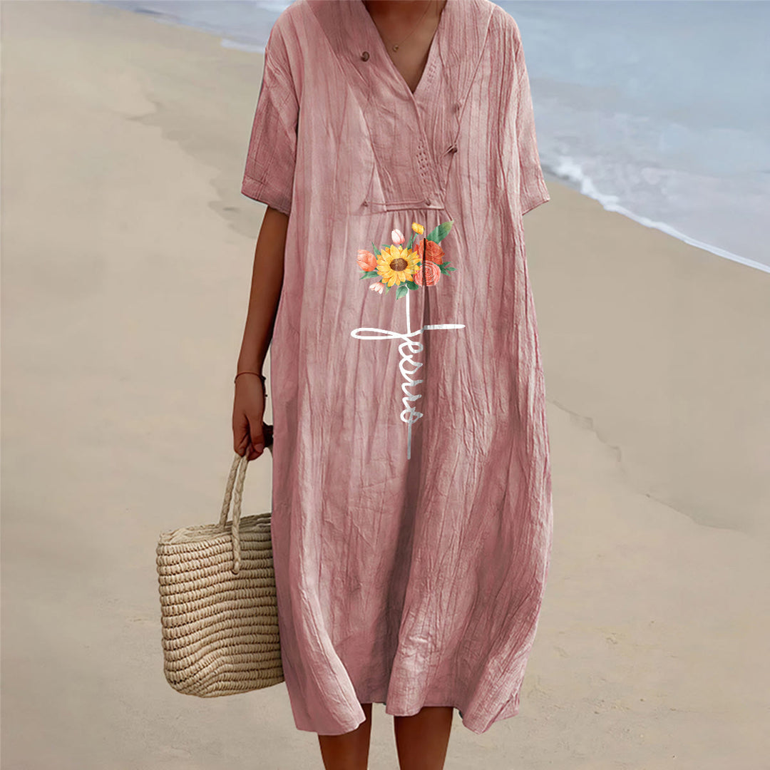 Christianartworkshop Jesus Script Cross & Sunflower Floral V-Neck Short Sleeve Midi Dress - Pink - 4XL - image 12