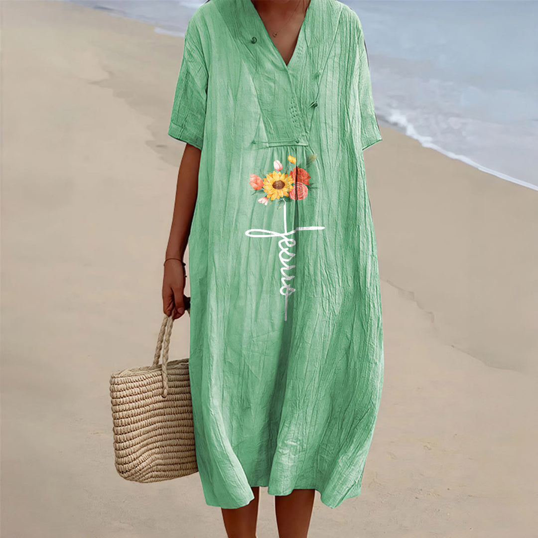 Christianartworkshop Jesus Script Cross & Sunflower Floral V-Neck Short Sleeve Midi Dress - Green - 4XL - image 6