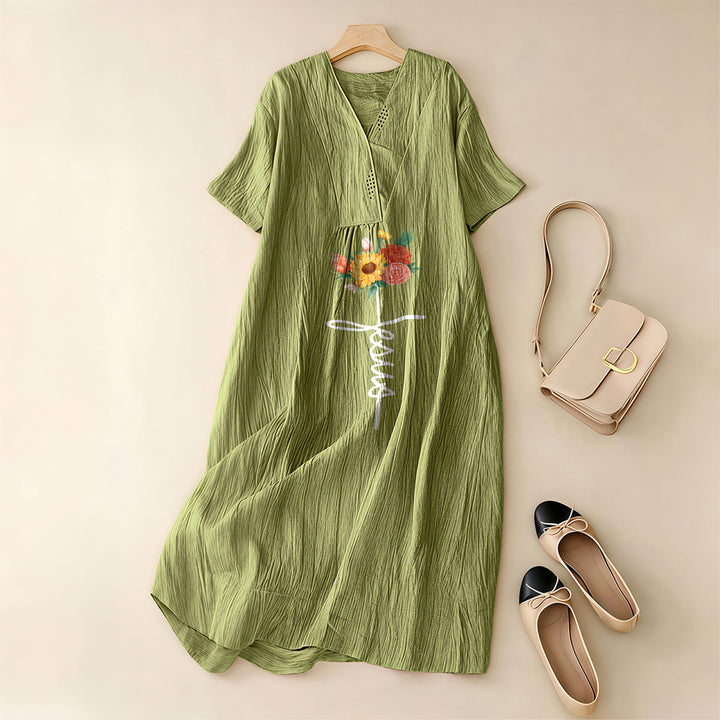 Christianartworkshop Jesus Script Cross & Sunflower Floral V-Neck Short Sleeve Midi Dress - image 17