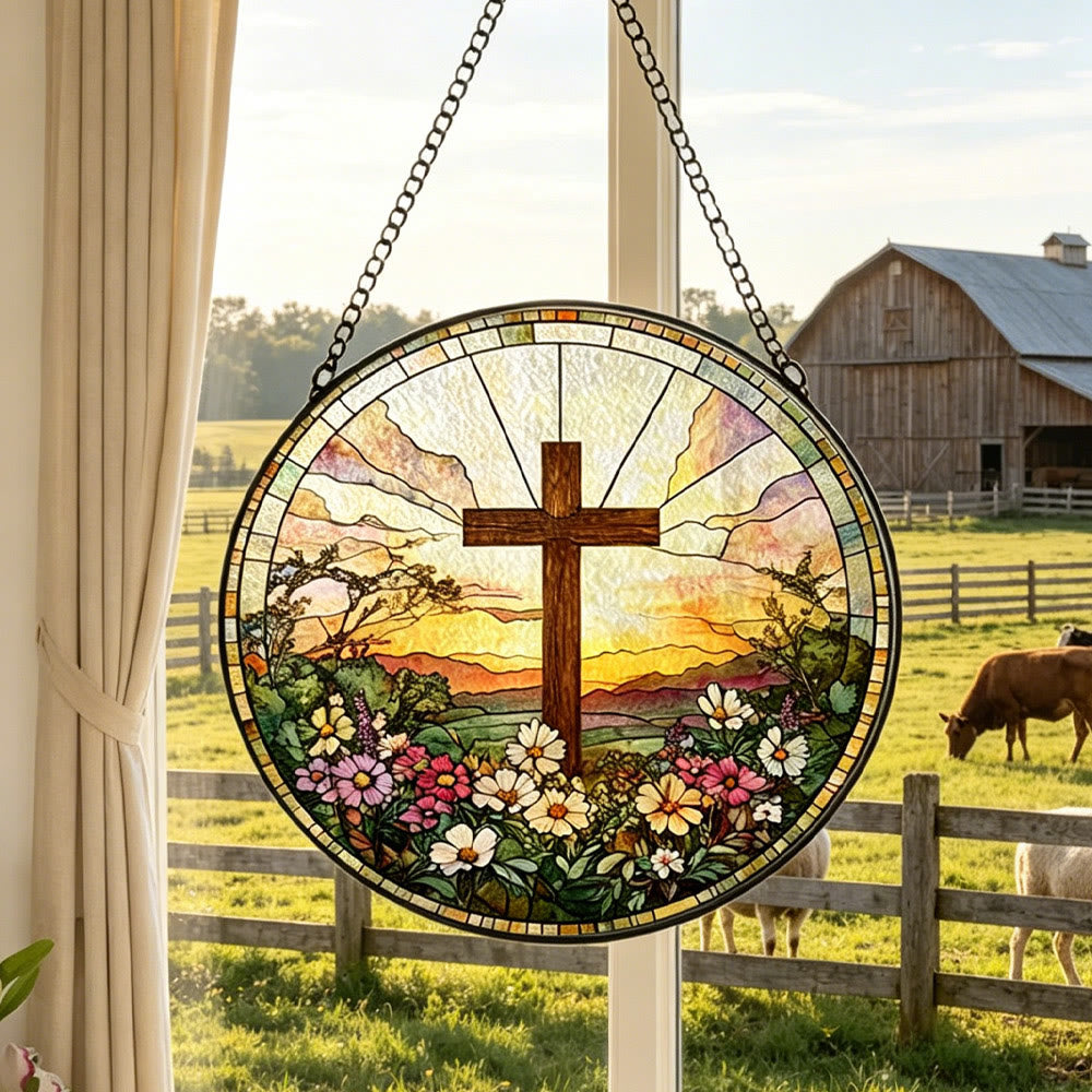Christianartworkshop Round Stained Glass Cross Sunset Floral Suncatcher Window Hanging: A Symbol of Divine Warmth & Blessing - Cross Suncatcher - image 0