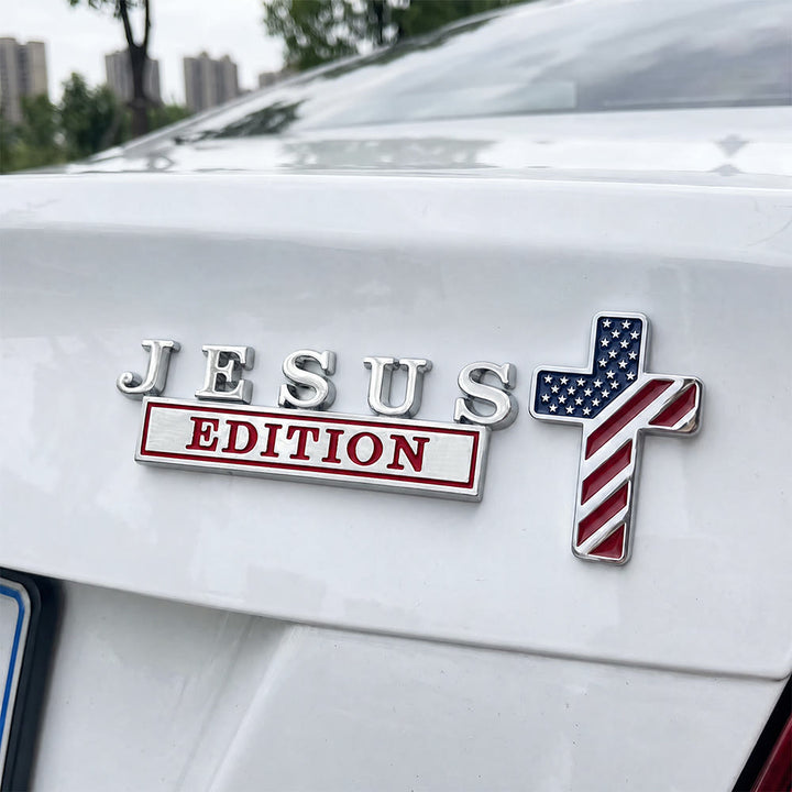 Christianartworkshop 3D Metal Jesus Edition Letter Car Emblem with US Flag Pattern Cross: A Symbol of Faith & National Honor - American Flag Cross - Silver & Red Jesus - image 0