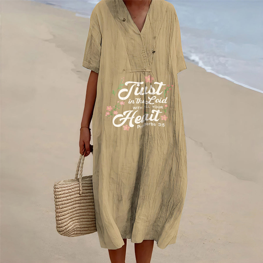 Christianartworkshop Trust In The Lord With All Your Heart Proverbs 3:5 Floral V-Neck Midi Dress - Khaki - 4XL - image 15