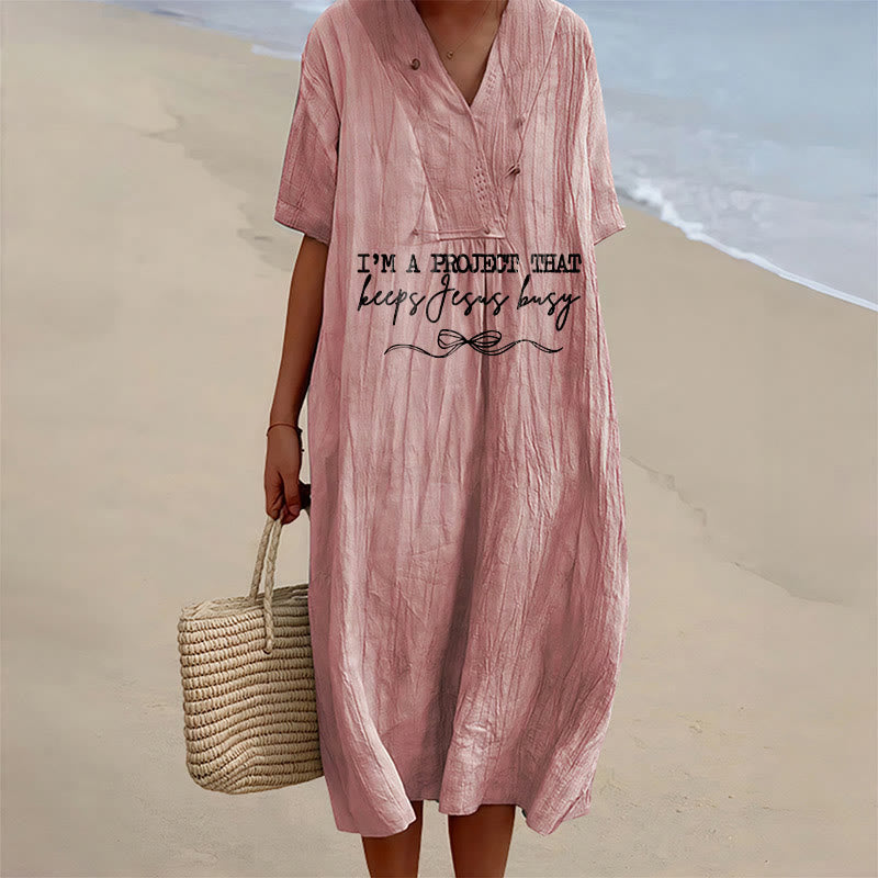 Christianartworkshop "I'm A Project That Keeps Jesus Busy" Bow Detail V-Neck Short Sleeve Midi Dress - Pink - 4XL - image 3