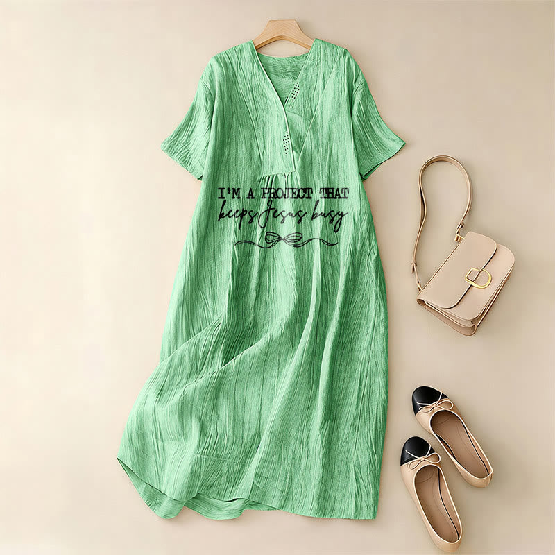 Christianartworkshop "I'm A Project That Keeps Jesus Busy" Bow Detail V-Neck Short Sleeve Midi Dress - image 8