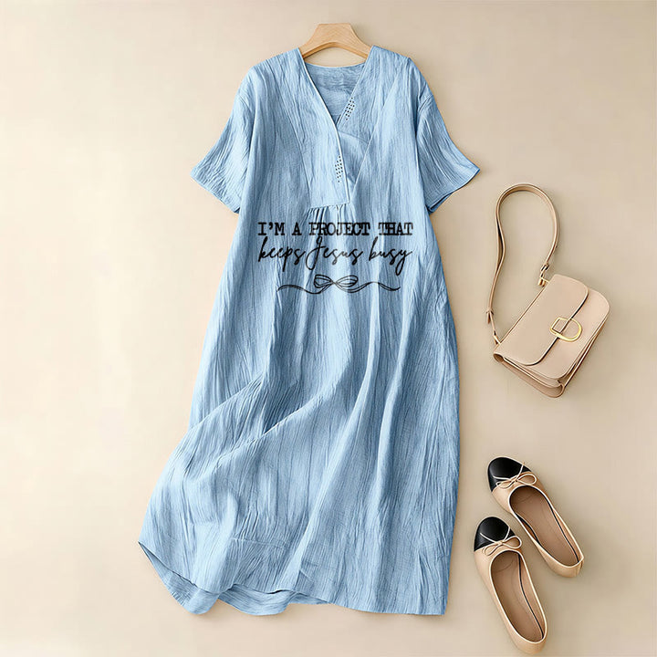 Christianartworkshop "I'm A Project That Keeps Jesus Busy" Bow Detail V-Neck Short Sleeve Midi Dress - image 2