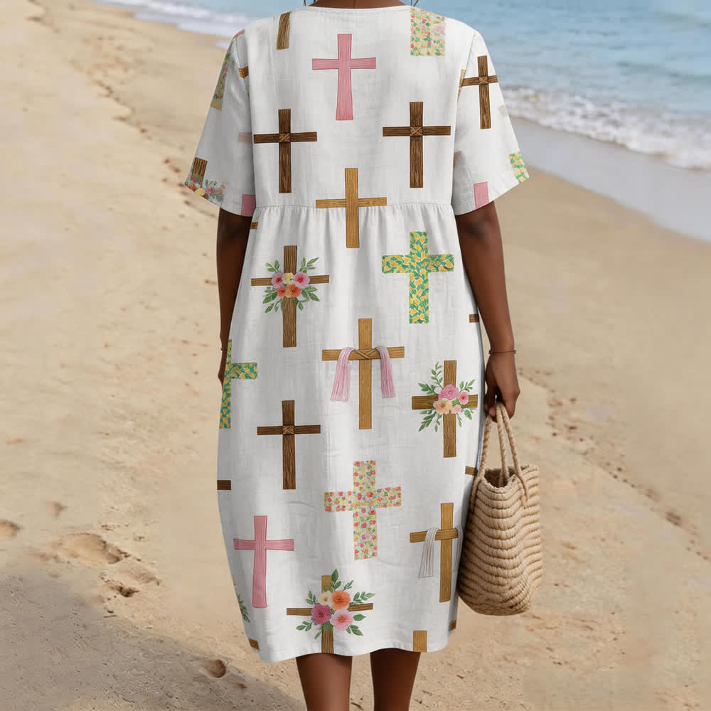 Christianartworkshop Floral Cross Print V-Neck Short Sleeve Midi Dress - image 3