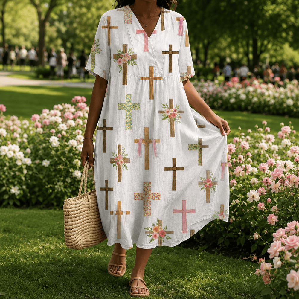 Christianartworkshop Floral Cross Print V-Neck Short Sleeve Midi Dress - 4XL - image 0