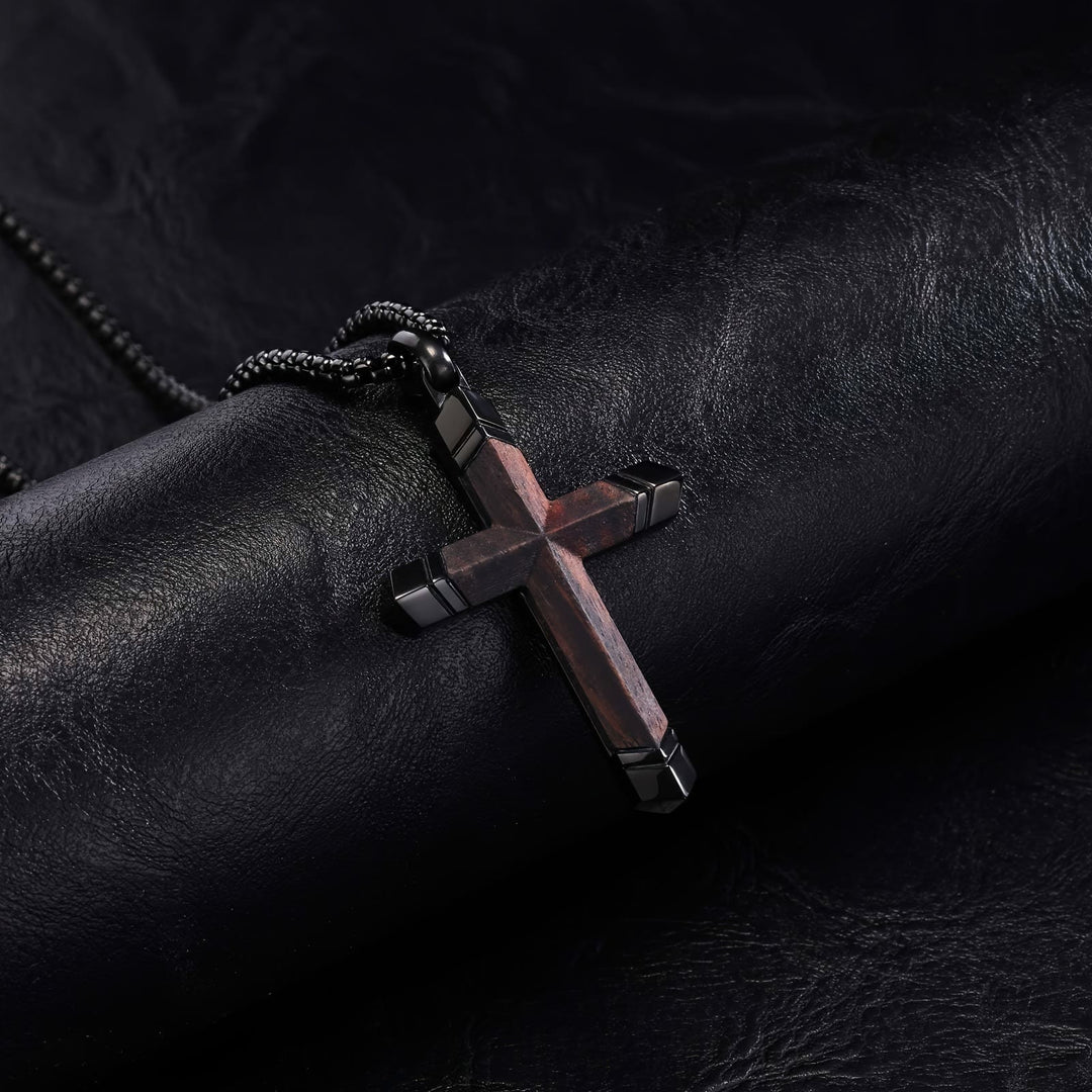 Christianartworkshop Two-Tone Stainless Steel Inlaid Solid Wood Cross Pendant Box Chain Necklace - image 3