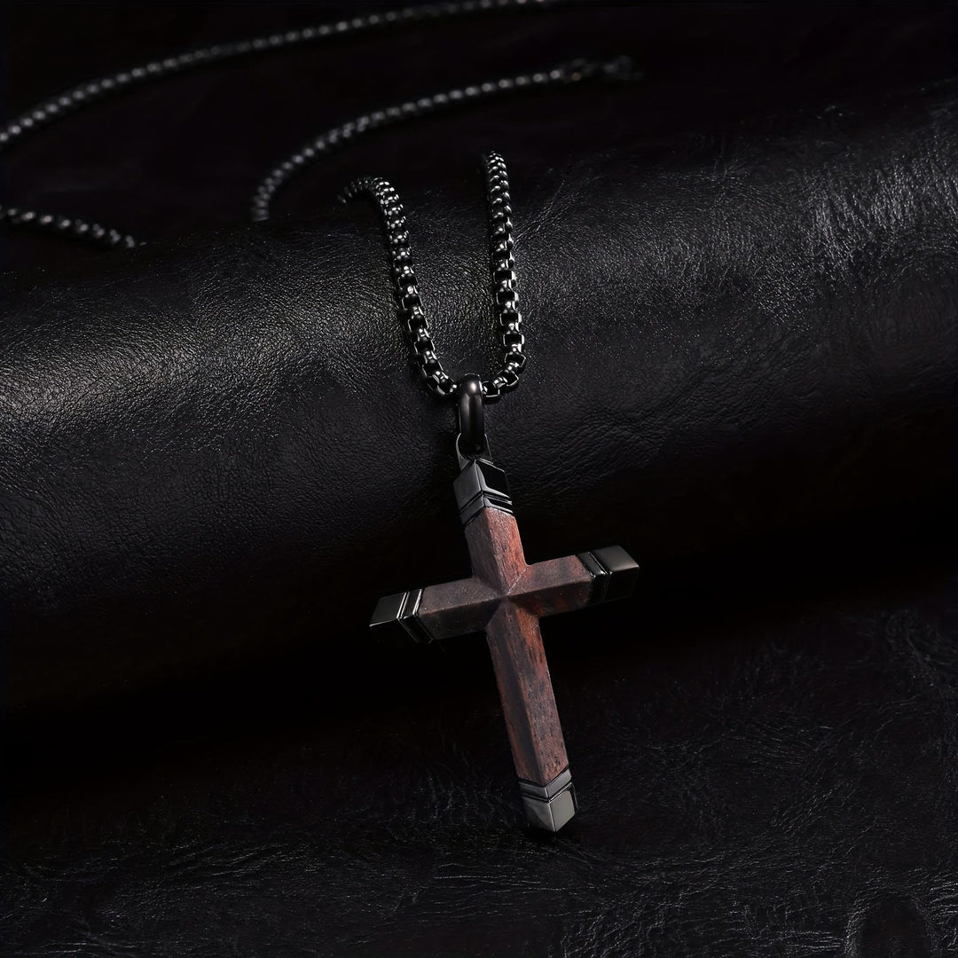 Christianartworkshop Two-Tone Stainless Steel Inlaid Solid Wood Cross Pendant Box Chain Necklace - image 2