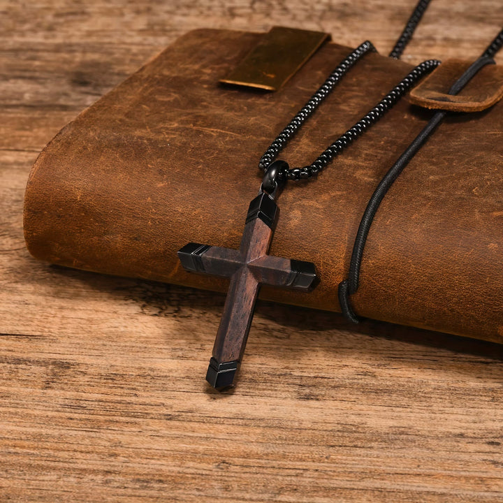 Christianartworkshop Two-Tone Stainless Steel Inlaid Solid Wood Cross Pendant Box Chain Necklace - image 0