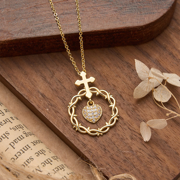Christianartworkshop Pavé Zircon Cross with Thorn Wreath & Heart-Cut Gem Pendant Necklace: A Symbol of Sacred Redeeming Love - Golden Glossy Cross - image 4