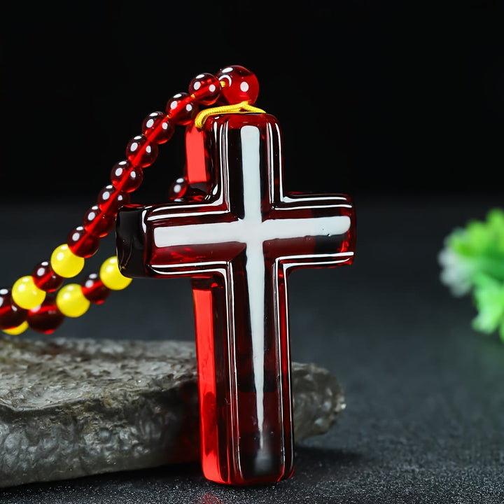 Christianartworkshop Solid Glossy Resin Amber-Style Cross Pendant with Alternate Bead Adjustable Cord Necklace - Red - image 0